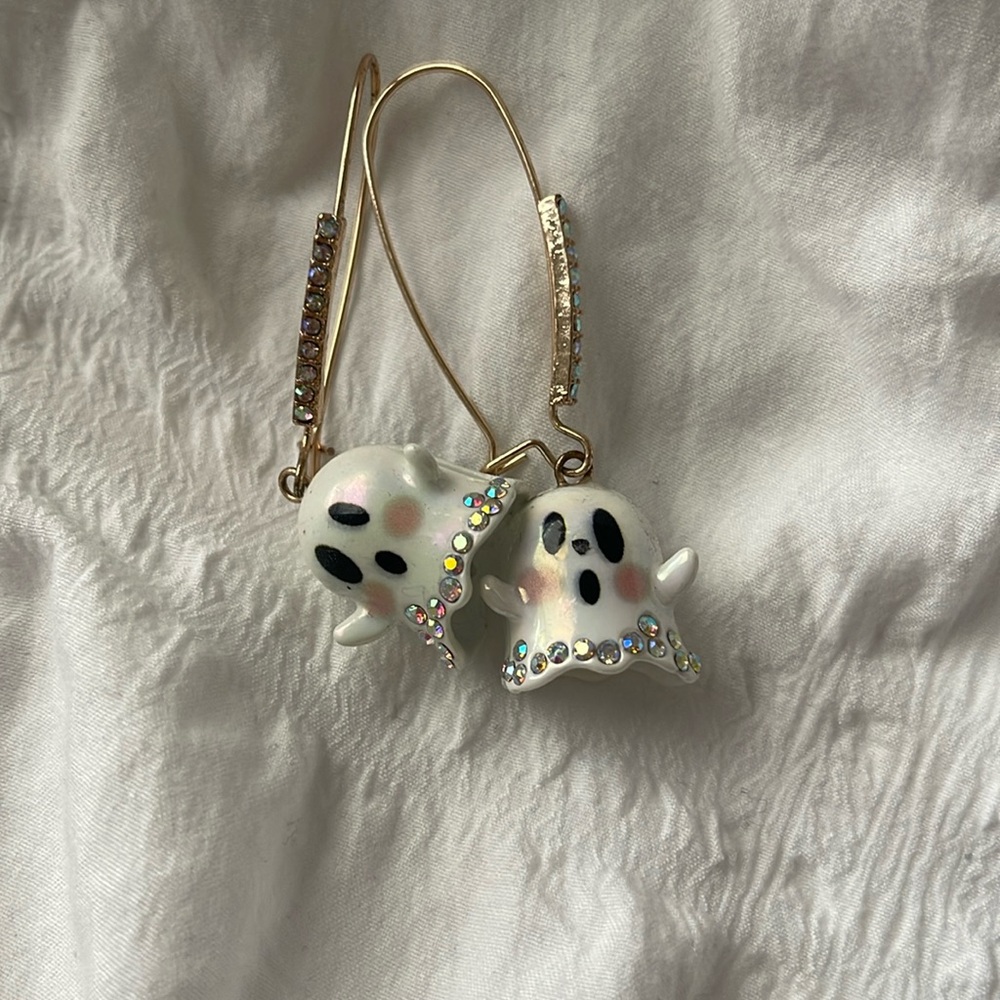 BETSEY JOHNSON SPOOKY Glow in the Dark Rhinestone Dangle Ghost Earrings